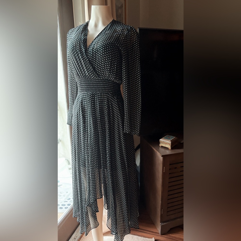 🖤🤍 Maje Paris Polka Dot Smocked Waist Midi Dress – Size 34 (US 2)